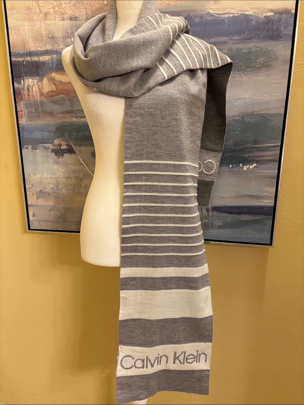 Calvin Klein Gray and Cream Striped Knit Scarf
